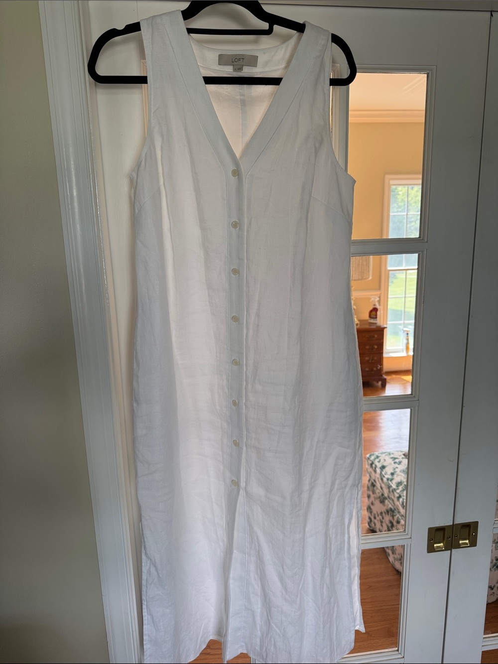 LOFT White Sleeveless Button-Front Linen Midi Dress